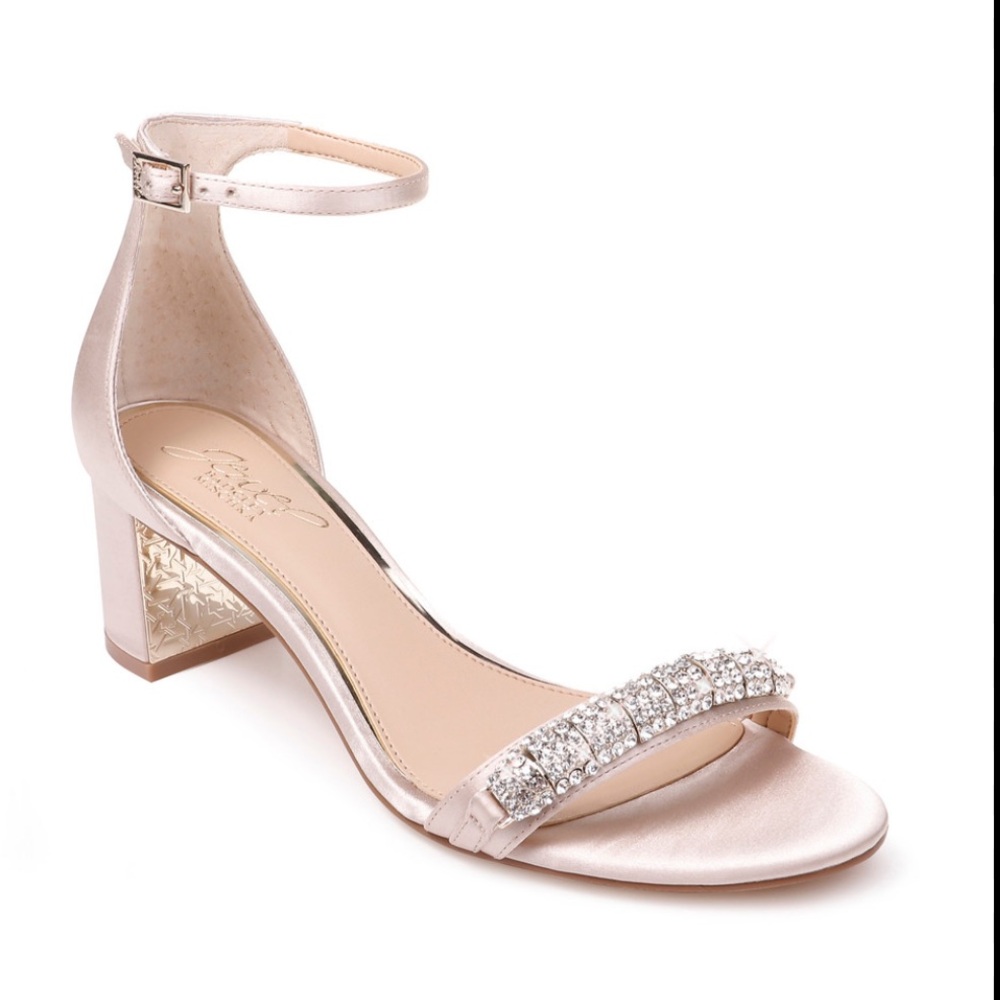 BADLEY MISCHKA JEWEL RAMSEY OPEN TOE BLOCK HEEL SATIN EVENING BRIDAL SHOES 8